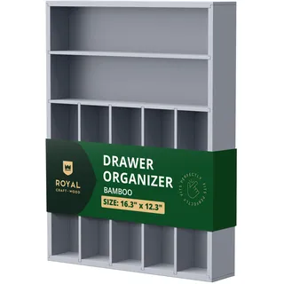 ROYAL CRAFT WOOD Luxuriöser Besteckhalter aus Bambus und Besteck-Organizer und Besteck-Organizer, Utensilienhalter und Besteckkasten mit gerillten Schubladenteilern für Besteck, 7 Fächer, Grau