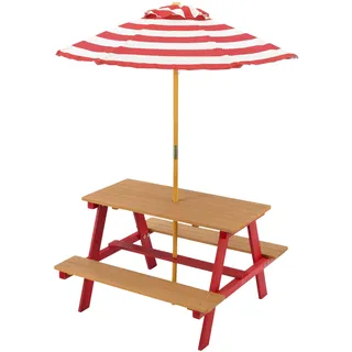 Teamson Kids Dakota Picknicktisch aus Holz mit gestreiftem Sonnenschirm - Kinder Outdoor Garten Spieltisch & Bänke Rot