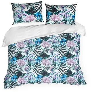 Eurofirany Bettwäsche Kissenbezug Bettbezug 160x200cm weiß dunkelgrün Botanish 3tlg Set - Hellviolett