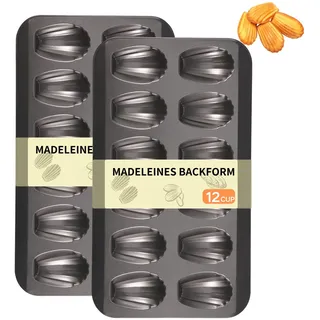 Gatphy 2 Stück Madeleines Backform 40x22,5cm Kohlenstoffstahl, Madeleines Form mit 12 x Muschel Form, Antihaftbeschichtung, Gleichmäßige Erwärmung zum Backen Zuckerkeksen Shortbread (Schwarz)