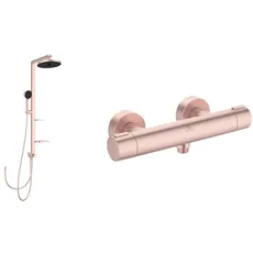 Set aus Ideal Standard BD585RO Alu+ Duschsystem mit 2 Ablagen, 2-Funktionshandbrause, 2-Funktionskopfbrause und Brauseschlauch 175cm, Rosé + BD582RO Alu+ Brausethermostat für Dusche