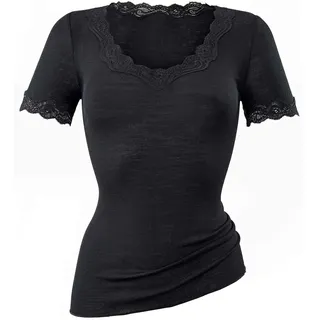 CALIDA Richesse Lace T-Shirt Damen, aus Schurwolle und Seide mit Spitze am Ausschnitt, Feinripp im Rundstrick ohne störenden Seitennähte, temperaturausgleichend
