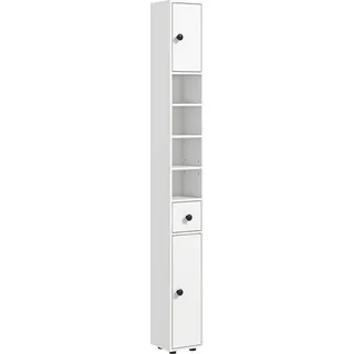 kleankin Badezimmerschrank schmal, Hochschrank Toilettenschrank mit Schublade und 4 offenen Fächern, Badschrank für kleine Räume Badezimmer, Weiß - Weiß
