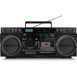 Medion P66538 Kassettenrecorder (Retro Ghettoblaster mit CD-Player, 80er, groß, USB, SD, CD, Kassetten MC, DAB+ Radio Teleskopantenne, Bluetooth, Kassettendeck, Aufnahmefunktion,