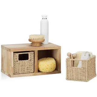 Relaxdays Wandregal Walnuss mit 2 Körben 31 cm , Hellbraun , Holz , 31x16x18 cm , Wohnzimmer, Regale, Wandregale