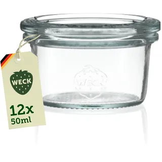 Weck Gläser 45ml – 12er Set mit Deckeln – Sturzform – robuste, stapelbare Dessertgläser, Einkoch- & Einmachgläser – klein – Weckglas ideal für Nachtisch – Made in Germany