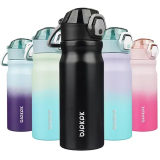BJPKPK Wasserflasche mit Strohhalm, isoliert, wiederverwendbar, Edelstahl, Metall, mit auslaufsicherem, verschließbarem Deckel und Tragegriff, 530 ml, Schwarz