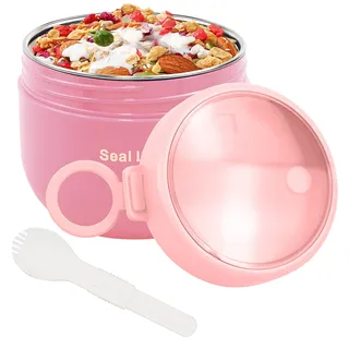 bainuote Müsli To Go Becher 600ml Joghurtbecher Auslaufsicherer Müslibecher To Go Porridge Becher Edelstahl Lunchbox to go mit Klapp-Löffel für Jedes Frühstück Mittagessen-Pink
