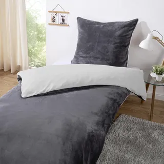 Heimtexland Teddy Flanell Wende Bettwäsche Set I Winter Bettbezug I kuschelig weich und warm I Kopfkissen 80x80 I Bettdecke 135x200 I Cashmere Touch Geschenkidee Weihnachten Typ751 Anthrazit - Dunkelgrau