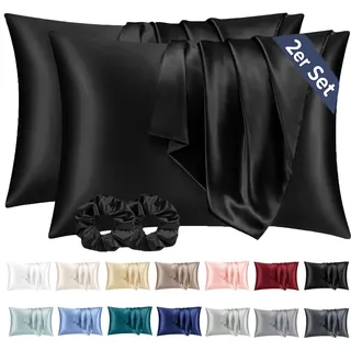 Vielit 2er Set Satin Kissenbezug 40 x 80 Schwarz, Weich wie Seidenkissenbezug 40x80,Bessere Pflege als Silk Pillosecase,Satin Kopfkissenbezug Kissenhülle für Haar und Haut mit 2 Haargummis