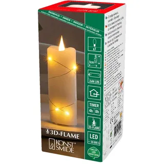 Konstsmide LED Echtwachskerze cremeweiß, 3D Flamme, Draht umwickelt, 4/8h Timer, 1 bernsteinfarbene Diode/6 LED Tropfen, batteriebetrieben, Innen, Batterie: 2 x AA 1,5V (exkl.) - 1824-180