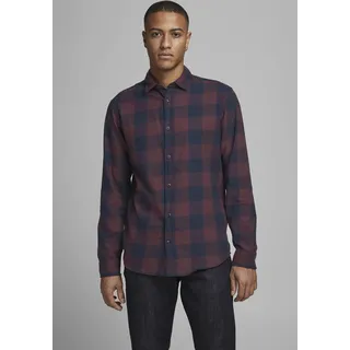 Karohemd JACK & JONES "JJ JJEGINGHAM TWILL SHIRT L/", Herren, Gr. L, N-Gr, bunt (bordeaux, navy), Web, Obermaterial: 100% Baumwolle, kariert, Hemden Karohemd