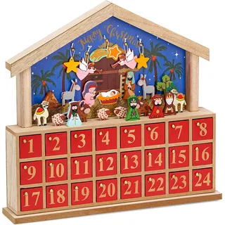 BRUBAKER Adventskalender Krippe Holz Blau Rot 34,5 x 32 x 6 cm - Blau, Beige, Rot