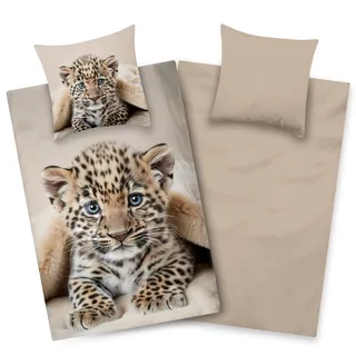 Aminata kids Bettwäsche 135x200 80x80 Leopard Safari Tiermotiv Baumwolle Kinder Jugend Wende Bettbezug Jungen Mädchen Beige Öko-Tex Leopardenbaby
