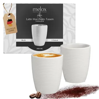 MELOX - 2er Set Latte Macchiato Tassen Tornado-Line Porzellan Weiß ohne Henkel - 2 x 300ml Tassen für Latte, Kaffee & Cappuccino dickwandig - Kaffeetassen Coffee Cup im italienischem Design