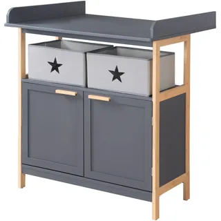 roba Wickelkommode Berlin inkl. abnehmbarem Wickelaufsatz - Wickeltisch mit Türen & Stoffboxen - Griffe + Rahmen aus Bambus Holz - Anthrazit
