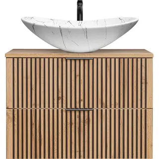 Waschtisch mit schwarzen Rillen 80 cm, Keramik Waschbecken XANTEN-56 in anthrazit mit Eiche Nb., B/H/T: ca. 80,6/73,7/46,5 cm - Braun