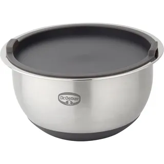 Dr. Oetker Rührschüssel mit Deckel 2,5 L BACK SPASS, Rührschüssel mit rutschfestem Silikonboden & flachem Schüttrand, Schüssel aus hochwertigem Edelstahl (Farbe: Silber/Braun-Grau) - Silber