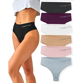 FINETOO 6er-Pack String Tangas Damen Bauchkontrolle Strings Set Atmungsaktiv Thong Frauen Unterhosen Hoher Taille Unterwäsche Weich Panties Mehrpack S-XL
