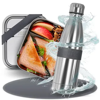 boddels Lunch-Set Edelstahl Brotdose 800ml und Trinkflasche 500ml | Brotzeitbox für Snacks | Isolierflasche | doppelwandige Edelstahl Flasche | Brotdose Edelstahl Kinder mit Fächern