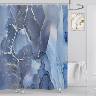 ASDCXZ Duschvorhang Blau Gold Marmor 180x200 cm, Modern Abstrakt Blau Gold Weiß Marmor Optik Textur Waschbar Bad Duschvorhänge Polyester Textil Wasserdicht Duschvorhang für Badewanne mit 12 Hake