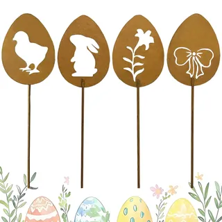 Saituo Home 4er Oster Hase Gartenstecker Rost, Gartendeko Rost Metall Hase, Osterdeko für Draußen, Blumenstecker Ostern Deko, Blumenstecker Oster für Ostern und Frühling Gartendekoration Wetterfest