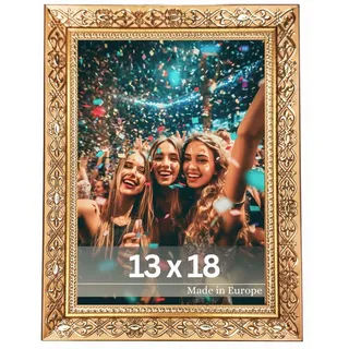 Victor „Vermeer“ Vintage Bilderrahmen Gold 13x18 cm – Antik Barockrahmen mit Acrylglas - stabiler MDF-Rückwand - für Hoch- und Querformat - 13x18 Bilderrahmen Gold