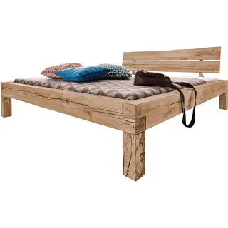 MASSIVMOEBEL24.DE Balkenbett Wildeiche 140x200 bianco geölt JANGALI #210 - Beige