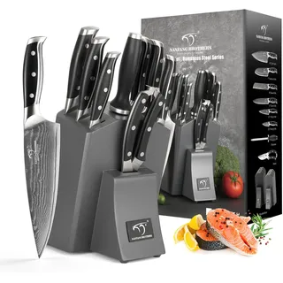 Professionelles Japanisches Damaszener Stahl Küchenmesser Set 9 Teile mit Holzblock, beinhaltet Kochmesser, Brotmesser, Santoku Messer, Allzweck- und Schälmesser, alle in einer Geschenkbox Grau