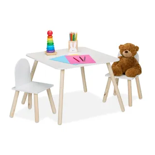 Relaxdays Kindersitzgruppe, 3-TLG., Kindertisch mit 2 Stühlen, Mädchen & Jungen, Sitzecke fürs Kinderzimmer, weiß/Natur