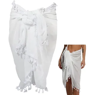 CABODYALS Langer Weißer Sarong Mit Quaste Strandüberzug Pareo Badeanzug Netzschal Überzug Modischer Rechteckiger Schal Sommer Bikini Sexy Badeanzug Wickelunterteil Schals Für Frauen Rock Party Dekorat