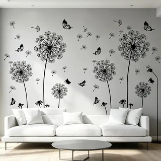 Busnos 2 Stück Schwarzer pusteblume wandtattoo für wohnzimmer schlafzimmer badezimmer flur möbel Großer Löwenzahn wandaufkleber wandtattoo blumen wanddeko wohnzimmer