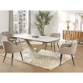 vente-unique Esstisch ausziehbar - 6 bis 10 Personen - Sicherheitsglas, Keramik & Metall - Marmor-Optik Weiß & Beige - MALATA von Maison Céphy
