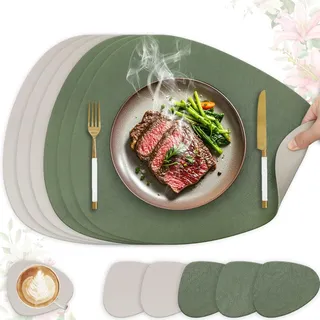 HELI MIAO 6er Set Tischset aus Leder-Imitat,Platzsets abwaschbar und wasserdicht,Platzdeckchen Lederoptik mit Untersetzer,Tischuntersetzer Doppelseitigen rutschfest(Oval,Grün+Hellgrau)