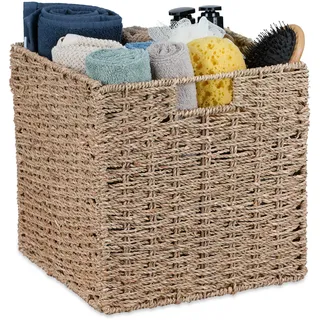 Relaxdays Aufbewahrungskorb Seegras, geflochtener Regalkorb, Ordnungskorb, Bad, HBT: 30 x 30 x 30 cm, Flechtkorb, Natur