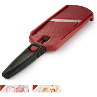 Börner Multi Slicer Gemüseschneider • Gemüsehobel für Scheiben in 2 Schnittstärken • Vegetable Slicer für Obst & Gemüse • Kompakter Mini Küchenhobel • Farbe: Rot mit schwarzem Griff