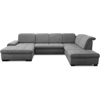 CAVADORE U-Form Lexi mit XXL-Longchair / Inkl. Bett, Bettkasten, Stauraum und Kopfteilfunktion / Leichte Fleckenentfernung dank Soft Clean / 329 x 82-99 x 224 / Flachgewebe: Grau
