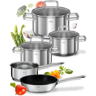RÖSLE Moments Topfset Induktion 5-tlg. – Edelstahl Kochtopfset mit Aluminiumkern, 3 Töpfe, 1 Kasserolle & 1 Bratpfanne antihaft beschichtet, induktionsgeeignet, ofenfest, spülmaschinenfest, langlebig