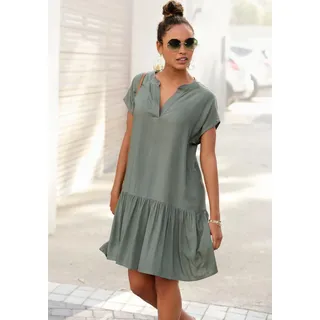 Blusenkleid S.OLIVER, Damen, Gr. 38, N-Gr, grün (khaki), Web, Obermaterial: 100% Viskose, unifarben, figurumspielend ca. Mitte Oberschenkel, V-Ausschnitt, Kleider Blusenkleid, mit Volant am Rock, Tunikakleid, Sommerkleid, Topseller
