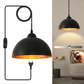 SXHZLY Hängelampe mit Stecker,Pendelleuchte Schwarz Vintage, 5,5m Kabel mit Dimmschalter, Metall Lampenschirm Ø25cm E27 Fassung Dimmbare Deckenlampe für Küche Garten Balkon (Lampenschirm aus Metall)