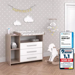 Vicco Wickelkommode Oskar Weiß/Sonoma 113 x 100 cm , Weiß, Sonoma Eiche , Holzwerkstoff , 7 Fächer , Rechteckig , 113x100x53 cm , Babymöbel & Kindermöbel, Babyzimmer, Wickelkommoden & Zubehör, Wickelkommoden