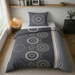 LINKHOFF Renforce Bettwäsche 135x200 Baumwolle Anthrazit Grau Beige Kreise Punkte Design - Sommerbettwäsche kühlend & bügelfrei - Partnerbettwäsche modern minimalistisch - Sommer geeignet