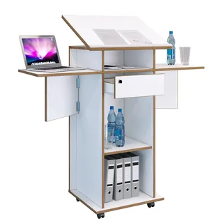 VCM Stehpult »VCM Holz mobiles Rednerpult Maße ca. H. 107 bis 128 cm x B. 60 bis 123 cm x T. 44 cm rollbar mit Schublade Stehpult Stehtisch - Salia« Salia, weiß