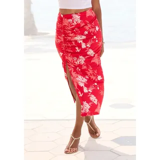 Jerseyrock LASCANA "mit seitlicher Raffung und Schlitz aus Viskose mit Blumendruck", Damen, Gr. 46, rot (rot geblümt), Jersey, Obermaterial: 95% Viskose, 5% Elasthan, bedruckt, geblümt, figurbetont ca. Mitte Wade, Röcke Jerseyrock, luftiger Midirock im Alloverprint, leichter Sommerrock in Midilänge, Topseller