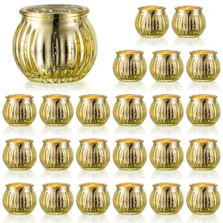 NUPTIO Glas Teelichtgläser Gold Teelichthalter: 24 Stück Teelichter Halter Gerippt Teelichter Kürbis Teelicht Klein für Wohnzimmer Kerzenlicht Abendessen Tisch Geburtstag Parteien Tischplatte Rund