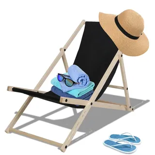 karpal Holz Liegestuhl klappbar Gartenliege Strandliegestuhl Strandliege fuer den Garten, Terrasse und Balkon 120 kg max.(Schwarz) - Schwarz