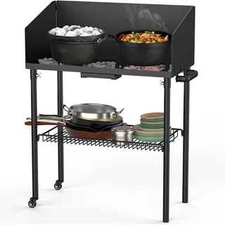 onlyfire Dutch Oven Tisch 76 * 41cm, Outdoor Grillwagen Grilltisch mit Windschutz, Abstellfläche für Feuertopf Bräter und Grillzubehör