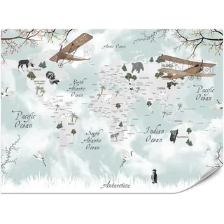 Muralo Fototapete für Kinderzimmer Weltkarte Tiere Flugzeuge Pflanzen 150x105 , Braun, Weiß, Beige, Blau, Grau , Papier , Land-/Weltkarte , Rechteckig , 150x105 cm ,
