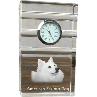 American Eskimo Dog, American Spitz, Eskie - Glasuhr mit Foto, Foto eines Hundes im Kristall, personalisierte Tischuhr für das Büro der Marke Art-Dog