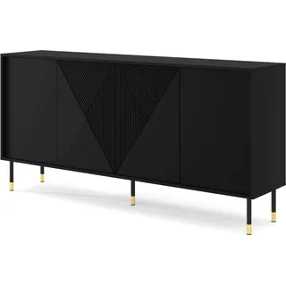 Kommode WOODY BLACK 4D 180 cm SCHWARZ MATT - gefräster Fronten MDF - Sideboard Highboard auf Beinen - Schwarz